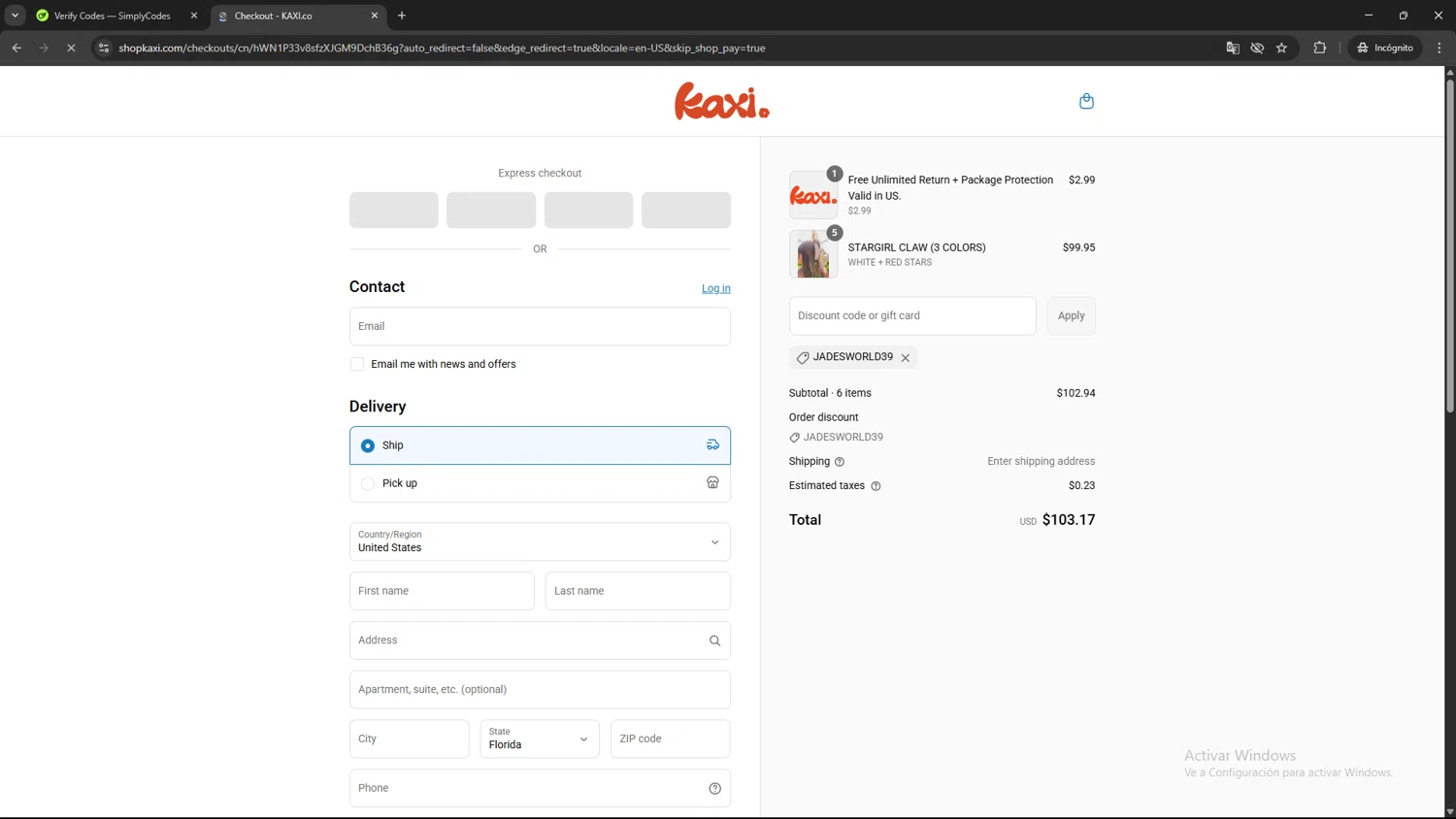 KAXI.co promo code screenshot showing code jadesworld39 applied at KAXI.co checkout page. Uploaded by SimplyCodes community member pequenokalvin5 on Aug 4, 2025