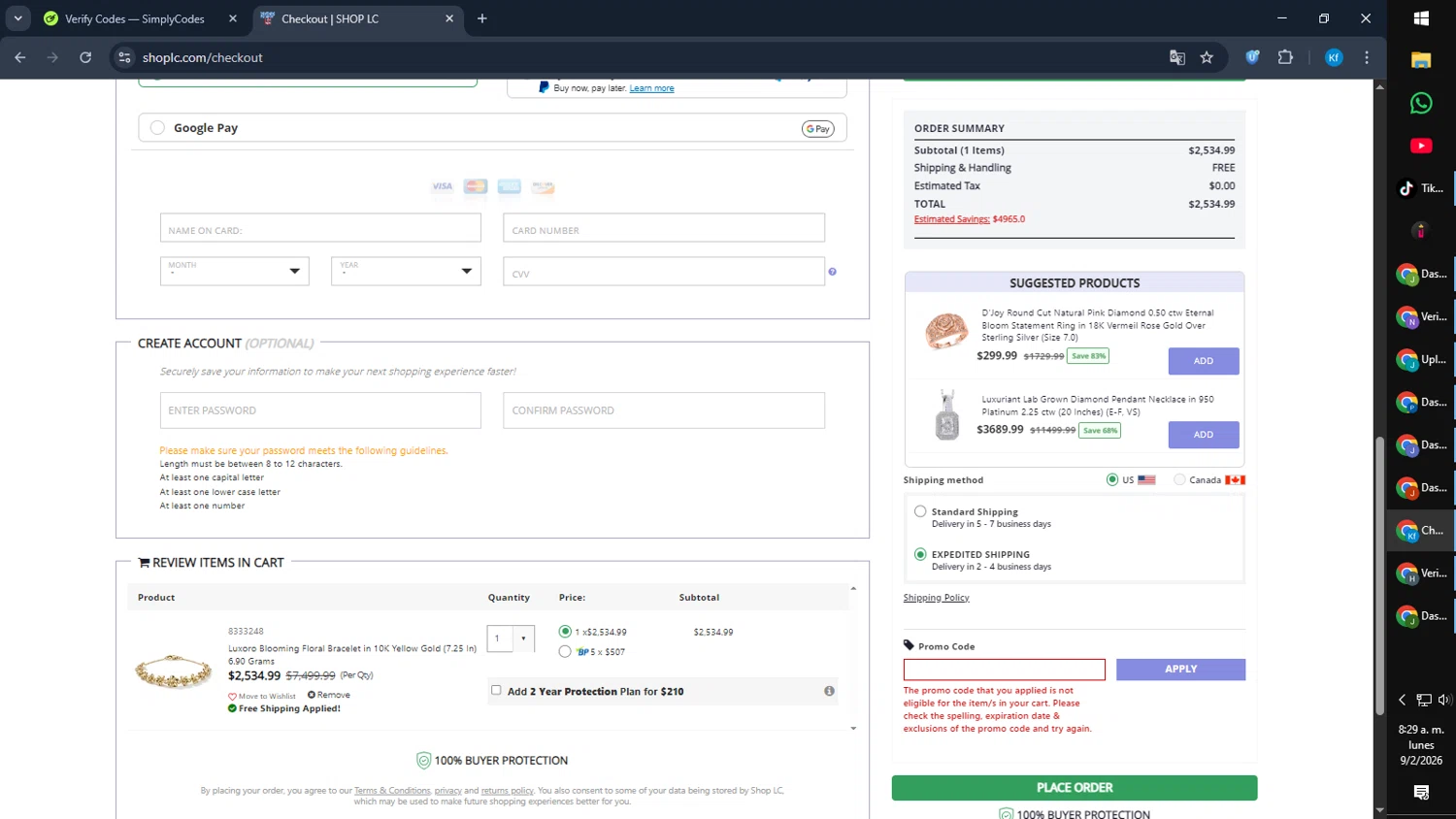 Shop LC promo code screenshot showing code SAVE applied at Shop LC checkout page. Uploaded by SimplyCodes community member Cynoxx on Feb 9, 2026