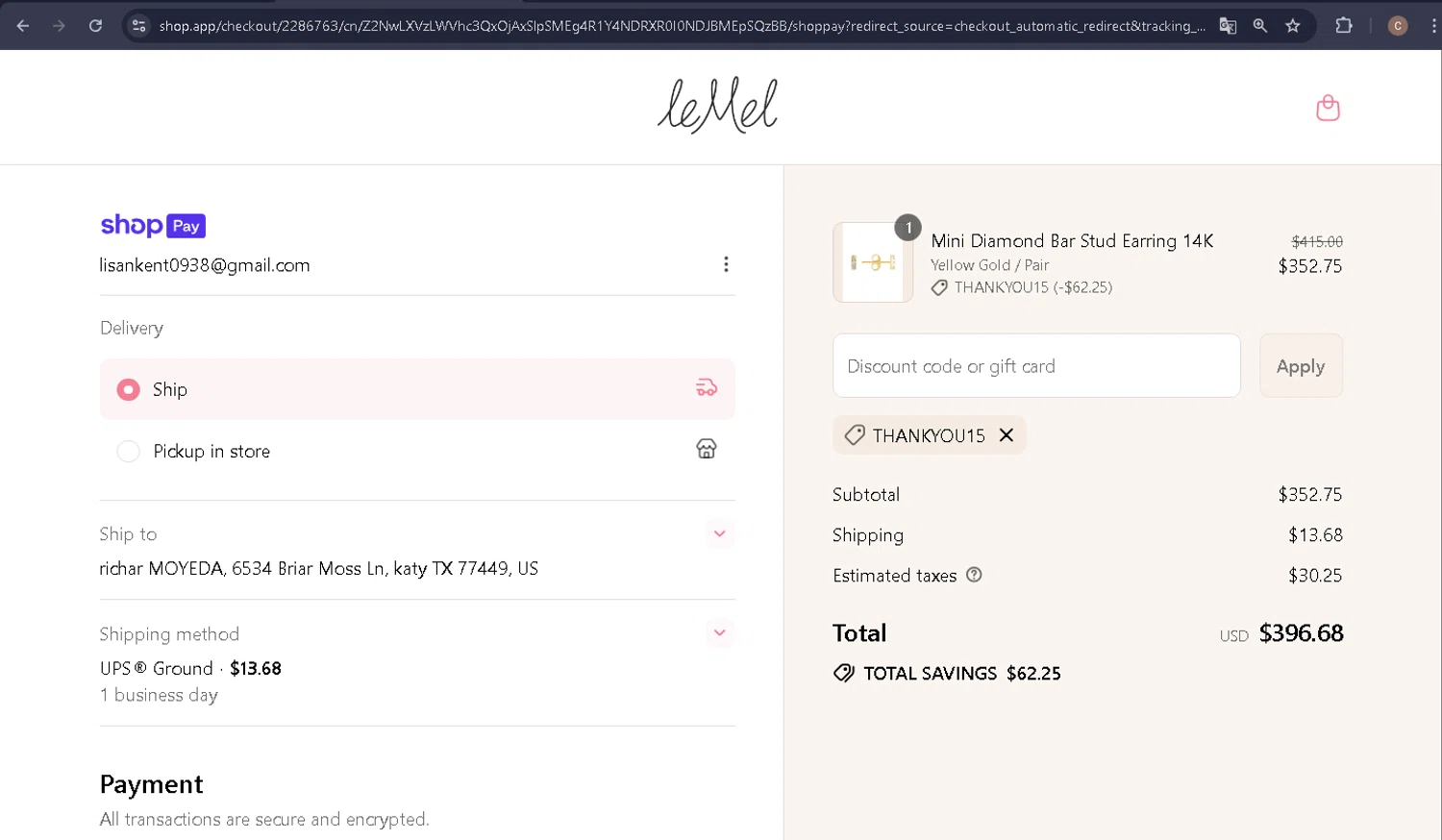 leMel promo code screenshot showing code THANKYOU15 applied at leMel checkout page. Uploaded by SimplyCodes community member carlosra07 on Jul 9, 2025