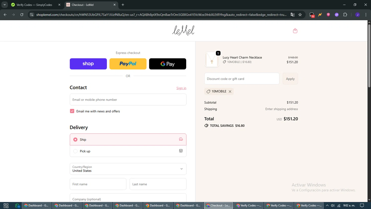 leMel promo code screenshot showing code 10mobile applied at leMel checkout page. Uploaded by SimplyCodes community member WiseMaven9968 on Nov 8, 2025