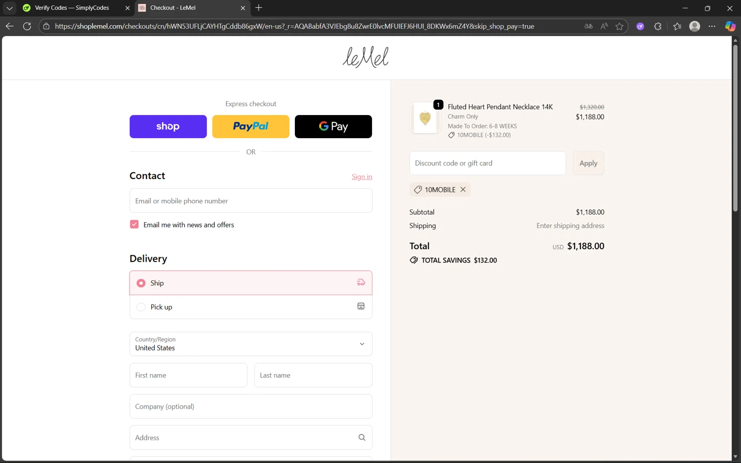 leMel promo code screenshot showing code 10mobile applied at leMel checkout page. Uploaded by SimplyCodes community member juan1702 on Nov 8, 2025