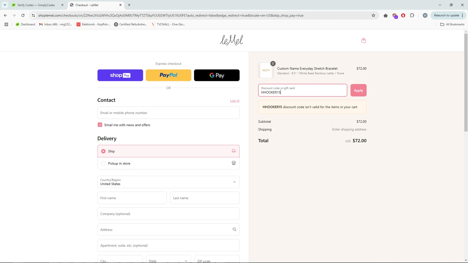 leMel promo code screenshot showing code HHOOKER15 applied at leMel checkout page. Uploaded by SimplyCodes community member QuestLegend8027 on Apr 18, 2025