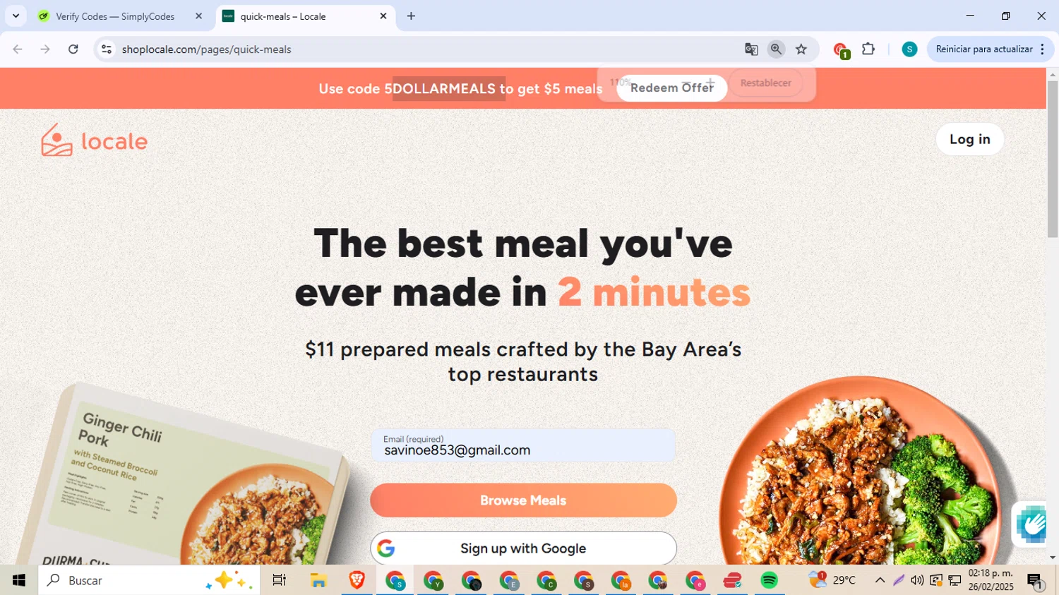 Shop Locale promo code screenshot showing code 5DOLLARMEALS applied at Shop Locale checkout page. Uploaded by SimplyCodes community member ExtraordinarySeeker8039 on Feb 26, 2025