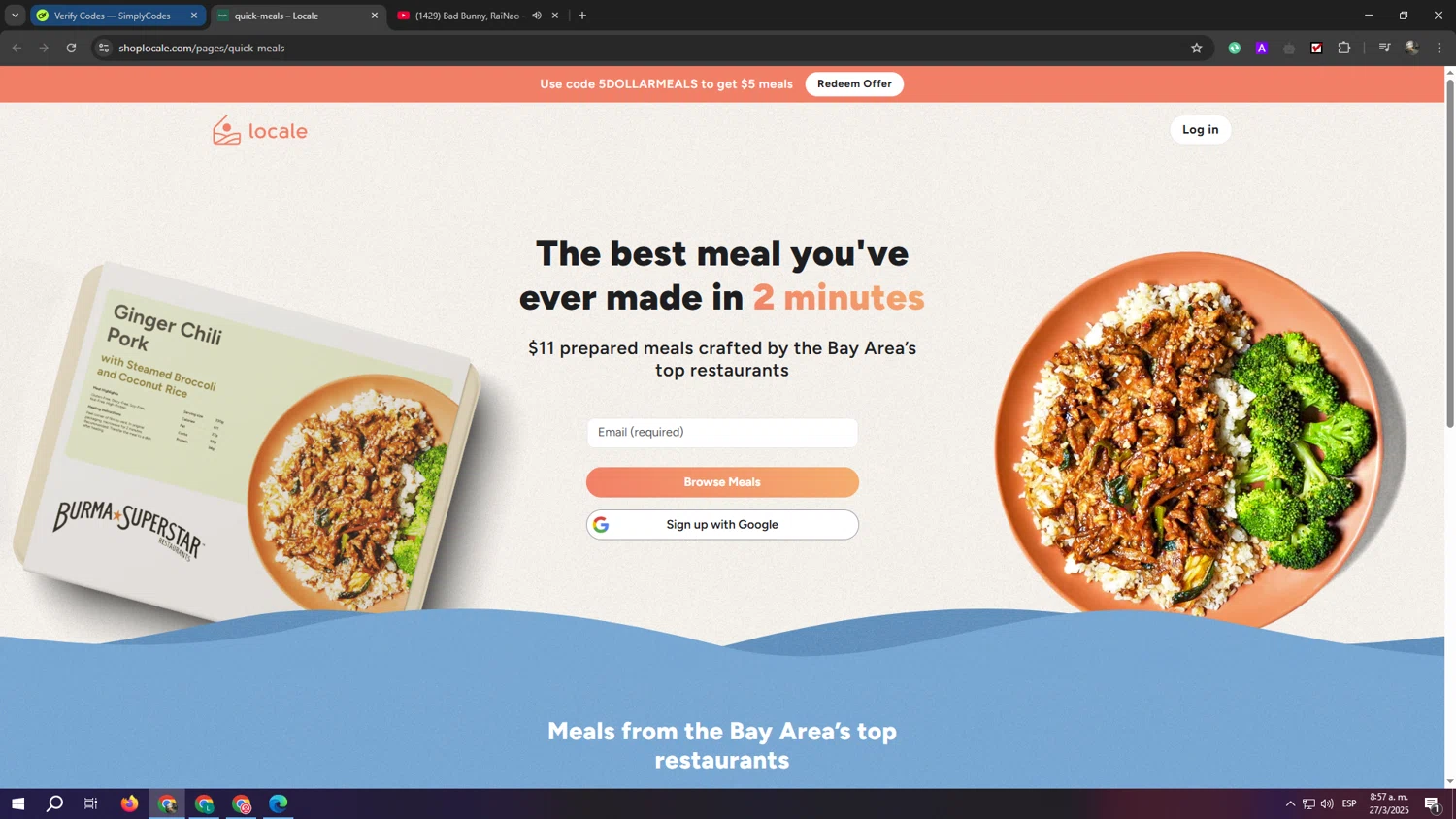 Shop Locale promo code screenshot showing code 5DOLLARMEALS applied at Shop Locale checkout page. Uploaded by SimplyCodes community member eliaskao on Mar 27, 2025