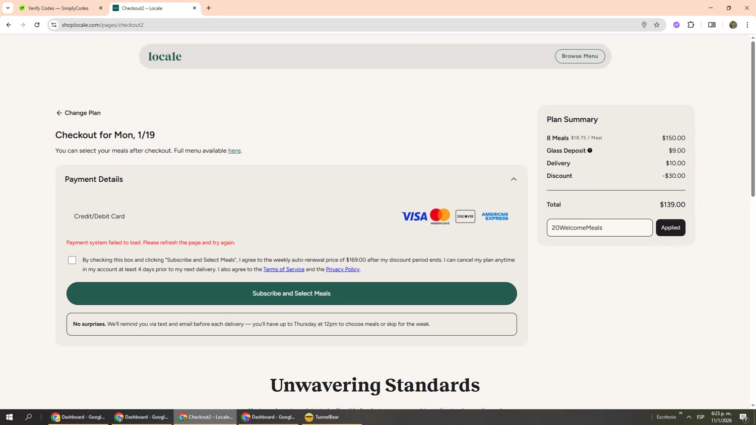 Shop Locale promo code screenshot showing code 20WelcomeMeals applied at Shop Locale checkout page. Uploaded by SimplyCodes community member Phoenix585 on Jan 11, 2026