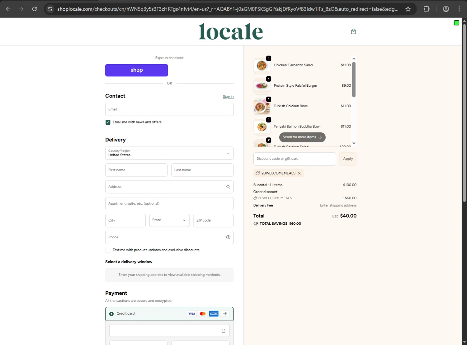 Shop Locale promo code screenshot showing code 20WelcomeMeals applied at Shop Locale checkout page. Uploaded by SimplyCodes community member ShrewdDefender8496 on Nov 29, 2025
