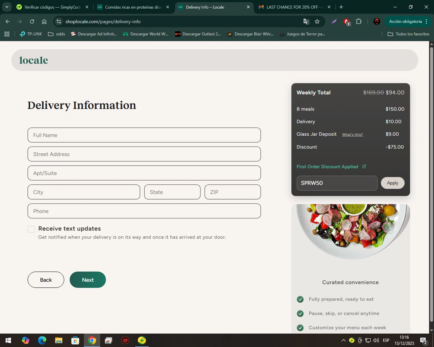 Shop Locale promo code screenshot showing code SPRW50 applied at Shop Locale checkout page. Uploaded by SimplyCodes community member Anatacio on Dec 15, 2025