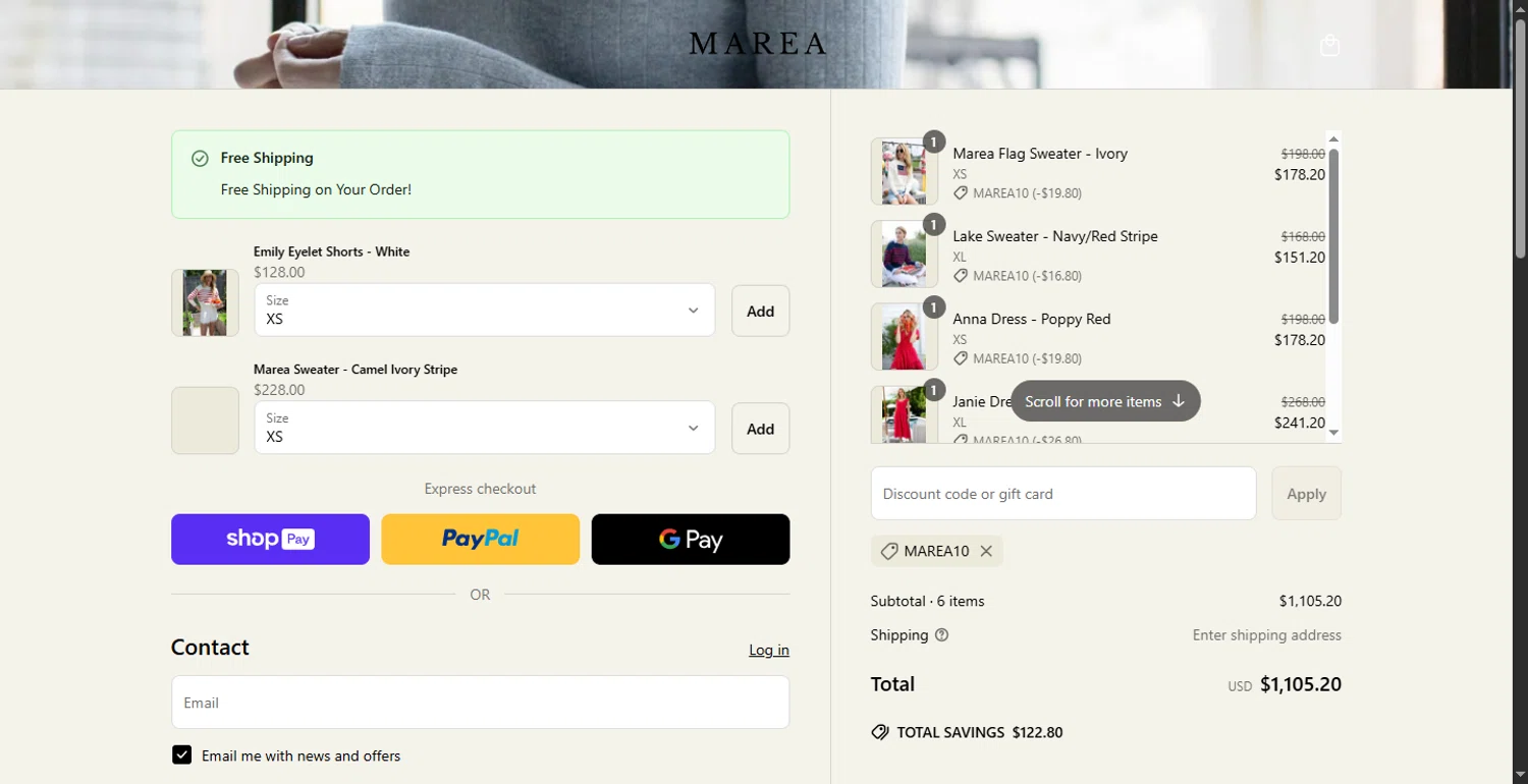 Marea by Liz Joy coupon code screenshot showing code MAREA10 applied at Marea by Liz Joy checkout page. Uploaded by SimplyCodes community member DiscountPhoenix427 on May 26, 2025