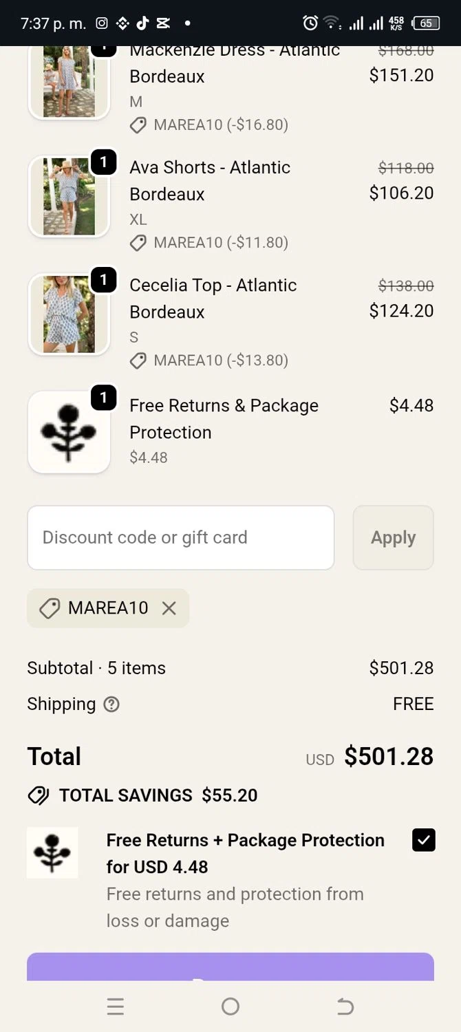 Marea by Liz Joy checkout page showing Marea by Liz Joy coupon code box | Screenshot taken by SimplyCodes community member on Jan 26, 2026
