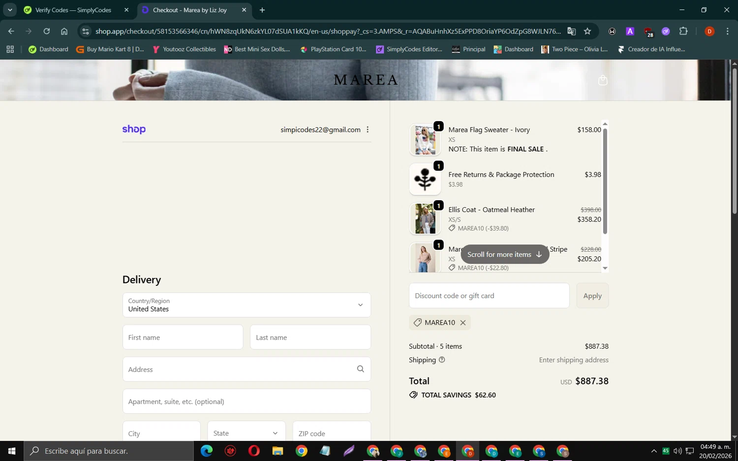 Marea by Liz Joy checkout page showing Marea by Liz Joy coupon code box | Screenshot taken by SimplyCodes community member on Feb 20, 2026