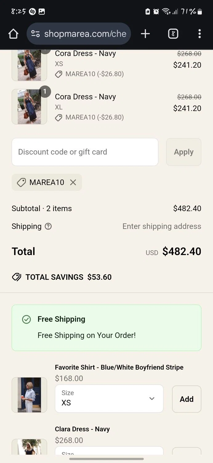 Marea by Liz Joy coupon code screenshot showing code MAREA10 applied at Marea by Liz Joy checkout page. Uploaded by SimplyCodes community member CleverLynx5188 on Mar 27, 2025
