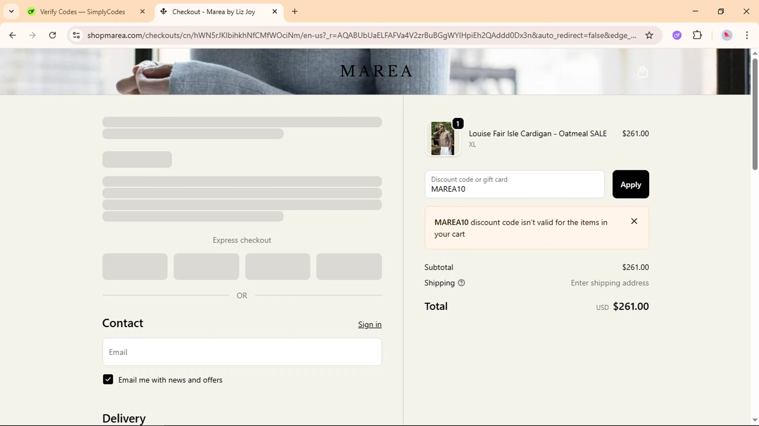 Marea by Liz Joy coupon code screenshot showing code MAREA10 applied at Marea by Liz Joy checkout page. Uploaded by SimplyCodes community member ValueFox5508 on Nov 29, 2025