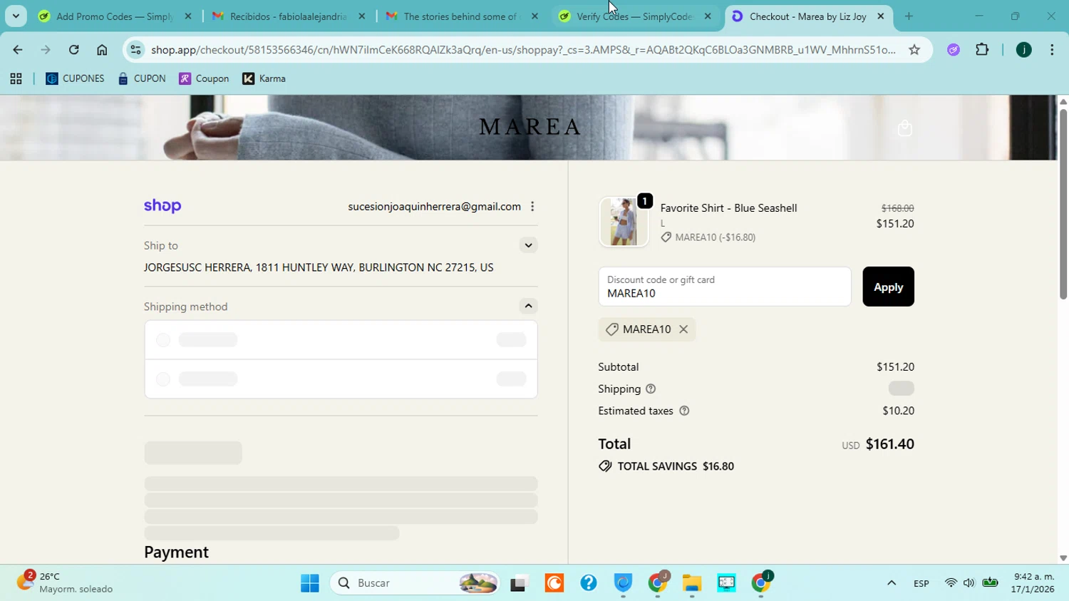 Marea by Liz Joy checkout page showing Marea by Liz Joy coupon code box | Screenshot taken by SimplyCodes community member on Jan 17, 2026