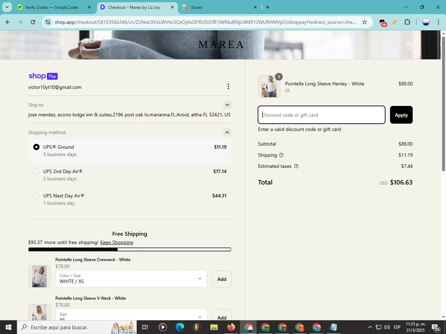 Marea by Liz Joy coupon code screenshot showing code TODAY applied at Marea by Liz Joy checkout page. Uploaded by SimplyCodes community member Soyvictor on Apr 1, 2025