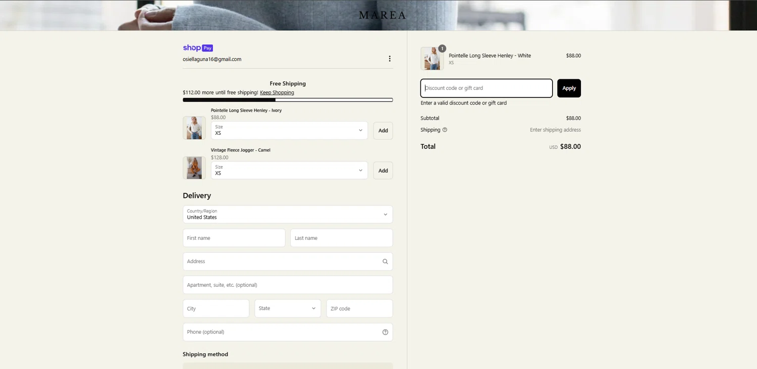 Marea by Liz Joy coupon code screenshot showing code TODAY applied at Marea by Liz Joy checkout page. Uploaded by SimplyCodes community member ishidashoya on Apr 1, 2025