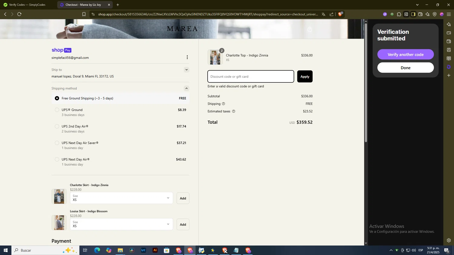 Marea by Liz Joy coupon code screenshot showing code 25OFFSALE applied at Marea by Liz Joy checkout page. Uploaded by SimplyCodes community member DiscountExpert556 on Apr 21, 2025