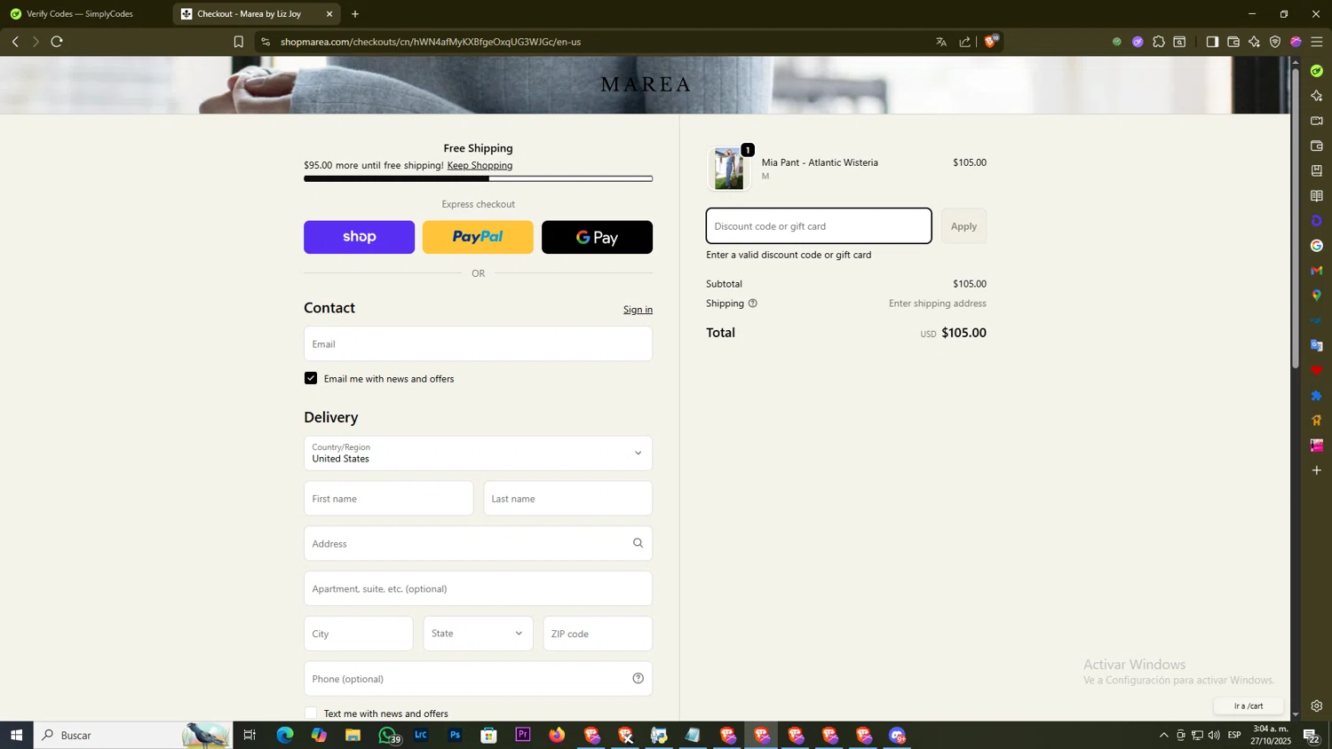 Marea by Liz Joy coupon code screenshot showing code Amanda10 applied at Marea by Liz Joy checkout page. Uploaded by SimplyCodes community member DiscountExpert556 on Oct 27, 2025