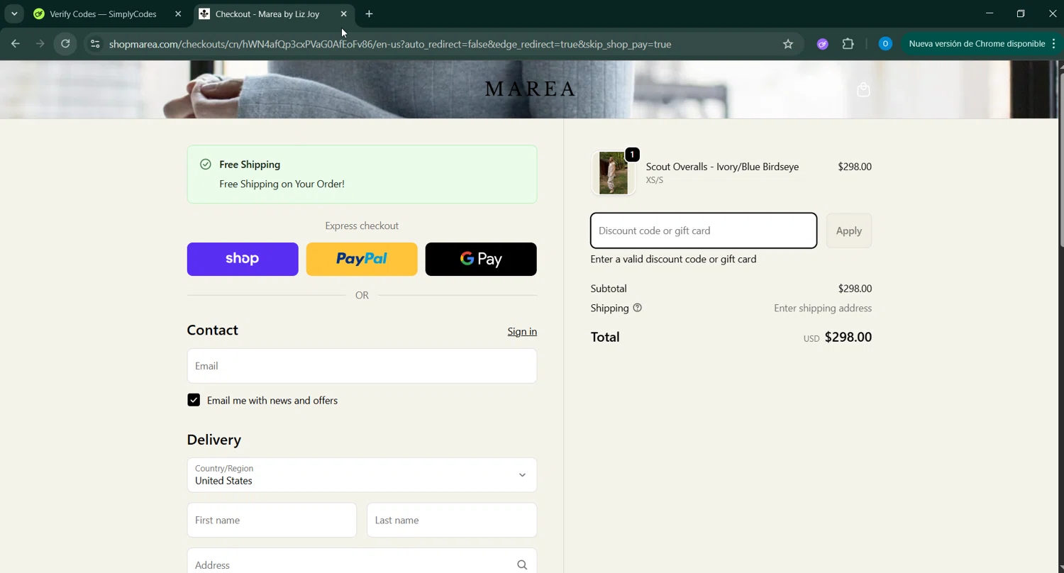 Marea by Liz Joy coupon code screenshot showing code Amanda10 applied at Marea by Liz Joy checkout page. Uploaded by SimplyCodes community member RoyalSage9159 on Oct 27, 2025
