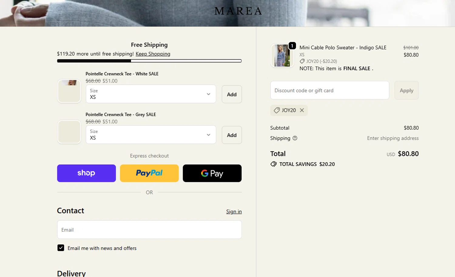 Marea by Liz Joy coupon code screenshot showing code joy20 applied at Marea by Liz Joy checkout page. Uploaded by SimplyCodes community member Dorothy on Dec 3, 2025