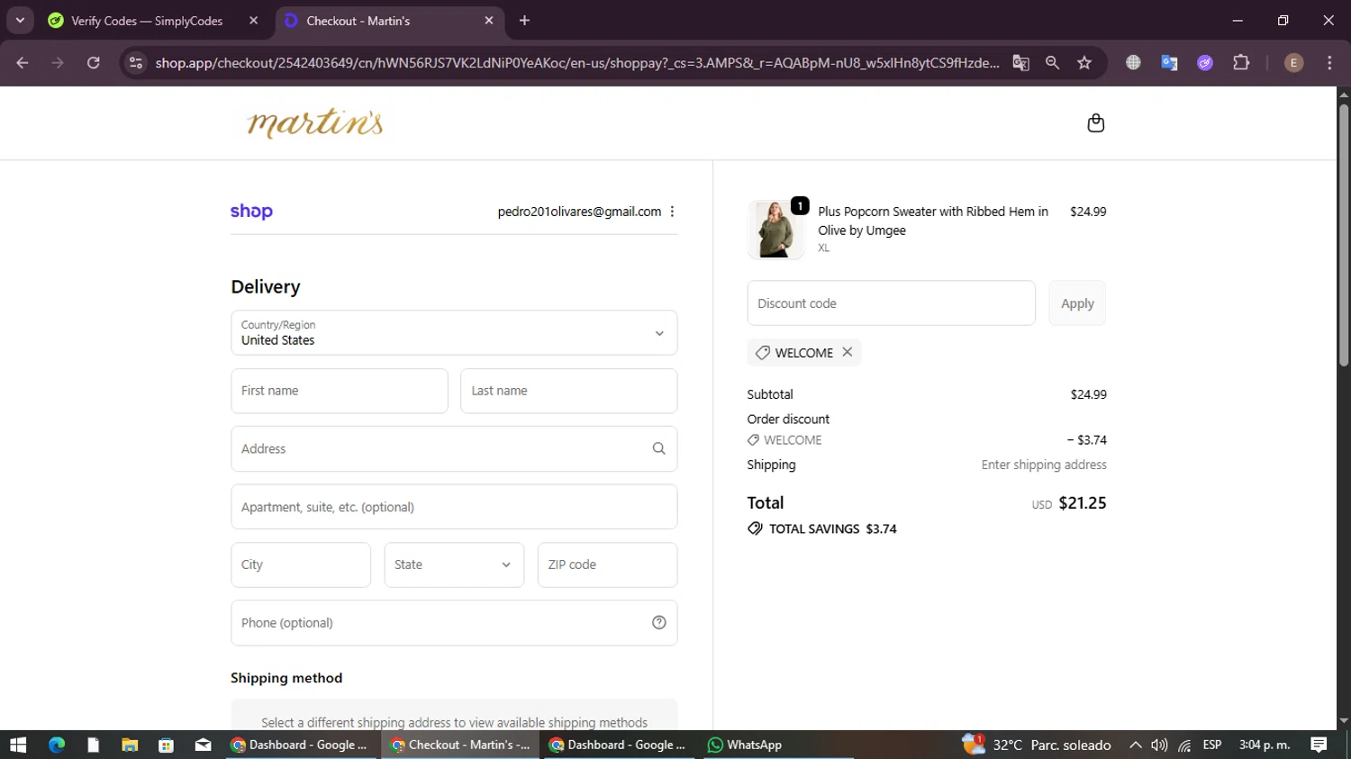 Martin's promo code screenshot showing code WELCOME applied at Martin's checkout page. Uploaded by SimplyCodes community member ExtraordinaryBoss3426 on Nov 9, 2025