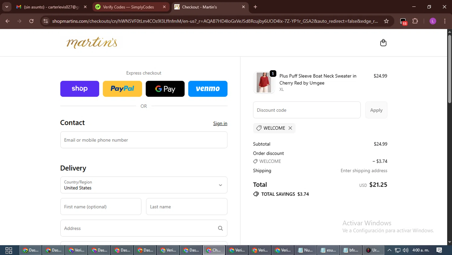 Martin's promo code screenshot showing code WELCOME applied at Martin's checkout page. Uploaded by SimplyCodes community member RewardScout5160 on Nov 20, 2025