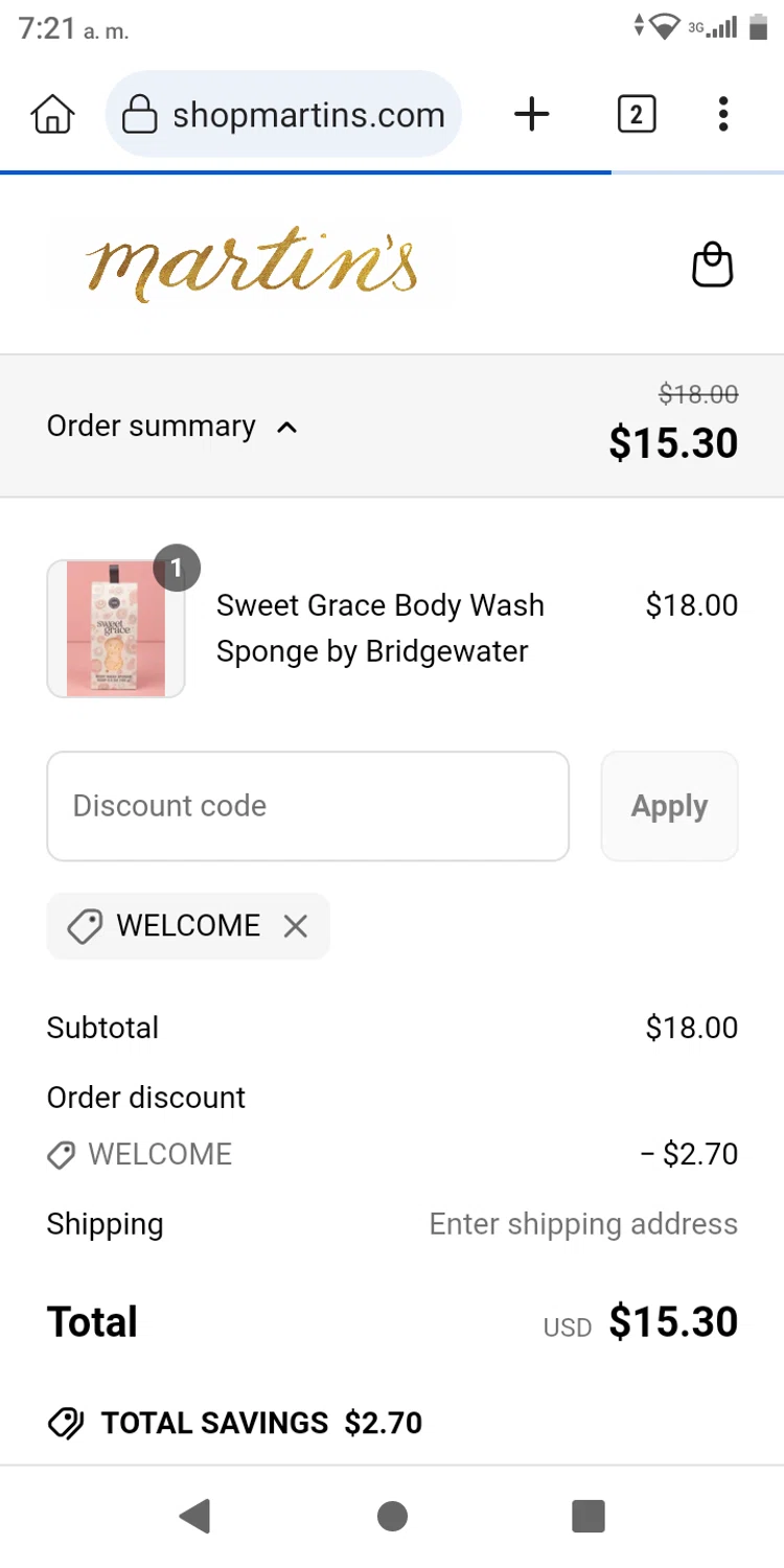 Martin's promo code screenshot showing code WELCOME applied at Martin's checkout page. Uploaded by SimplyCodes community member franksanchez on Jun 22, 2025