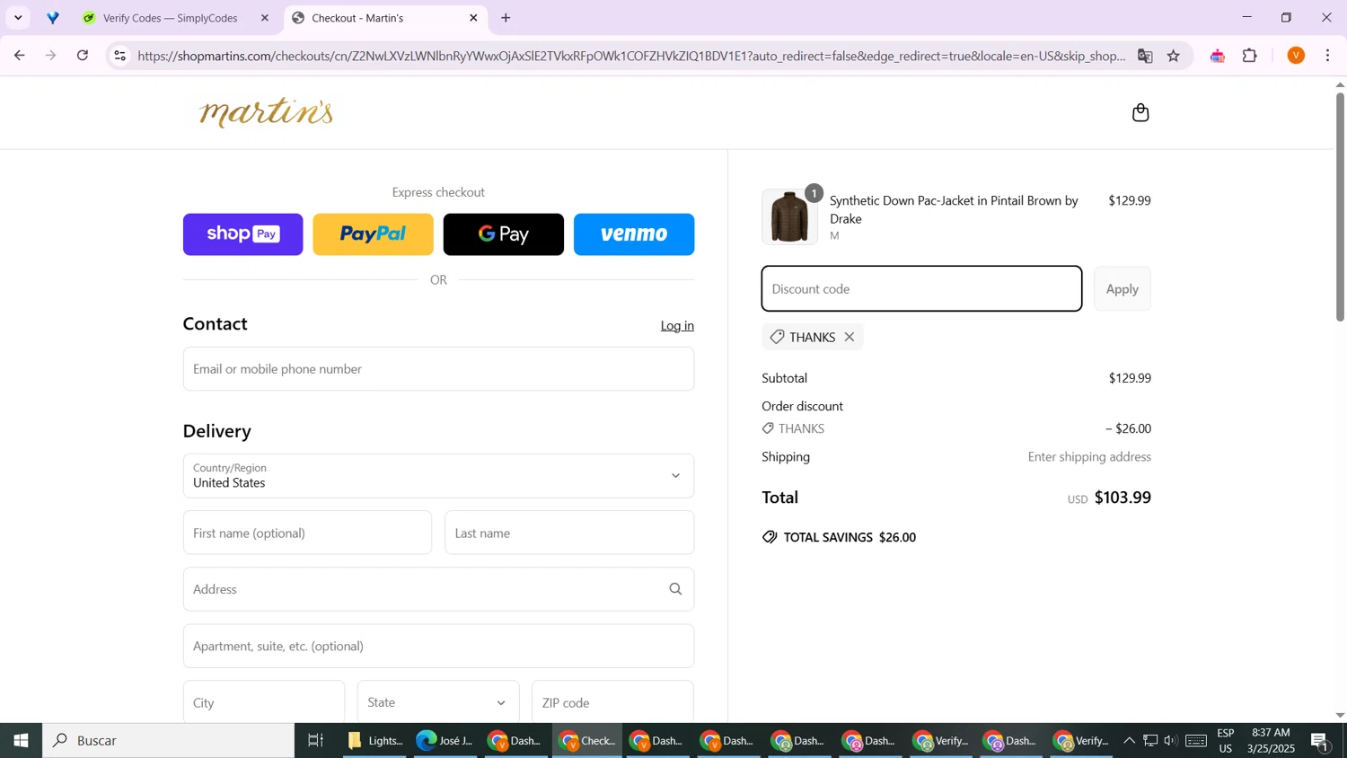 Martin's promo code screenshot showing code thanks applied at Martin's checkout page. Uploaded by SimplyCodes community member TheGrefg on Mar 25, 2025