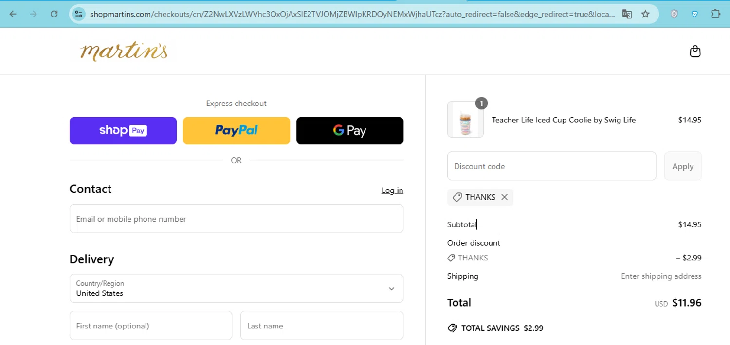 Martin's promo code screenshot showing code thanks applied at Martin's checkout page. Uploaded by SimplyCodes community member carol_lameda on Mar 25, 2025