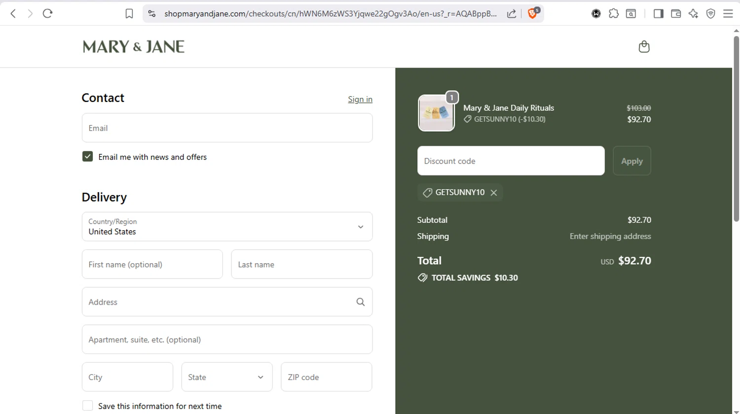 MARY & JANE promo code screenshot showing code GETSUNNY10 applied at MARY & JANE checkout page. Uploaded by SimplyCodes community member dayselis15 on Dec 12, 2025