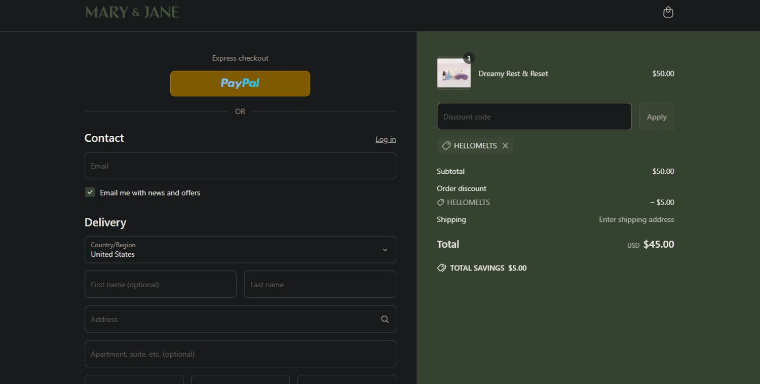 MARY & JANE promo code screenshot showing code HELLOMELTS applied at MARY & JANE checkout page. Uploaded by SimplyCodes community member Pollofrito on Mar 27, 2025