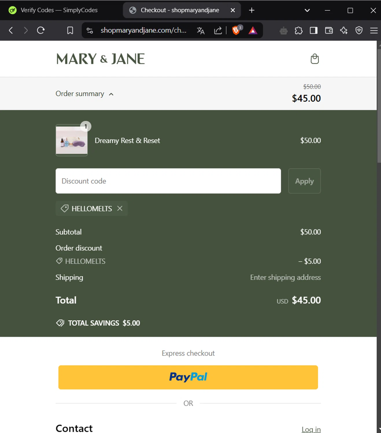 MARY & JANE promo code screenshot showing code HELLOMELTS applied at MARY & JANE checkout page. Uploaded by SimplyCodes community member RSuarez on Feb 12, 2025