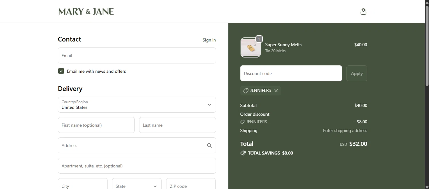 MARY & JANE promo code screenshot showing code Jennifers applied at MARY & JANE checkout page. Uploaded by SimplyCodes community member noworries on Jan 13, 2026