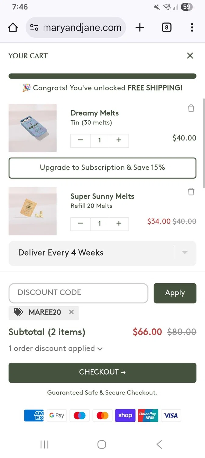 MARY & JANE promo code screenshot showing code Maree20 applied at MARY & JANE checkout page. Uploaded by SimplyCodes community member KarinaHZ on Dec 14, 2025