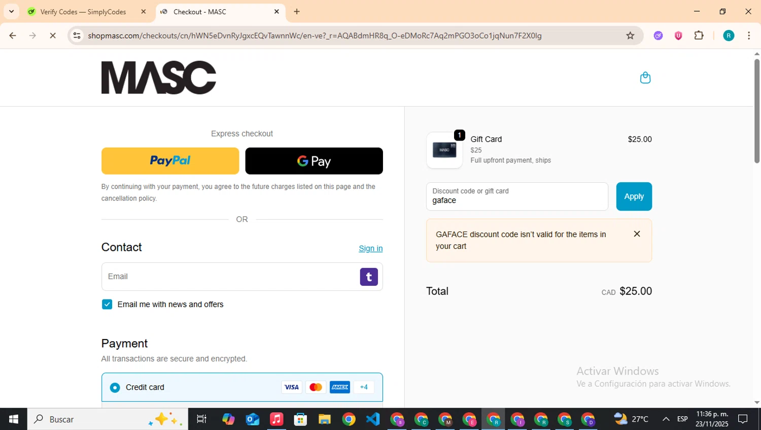 MASC promo code screenshot showing code gaface applied at MASC checkout page. Uploaded by SimplyCodes community member BudgetHero4407 on Nov 24, 2025