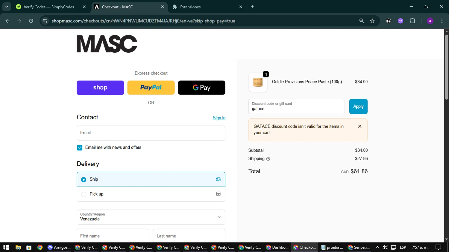 MASC promo code screenshot showing code gaface applied at MASC checkout page. Uploaded by SimplyCodes community member CoinElite8997 on Oct 22, 2025