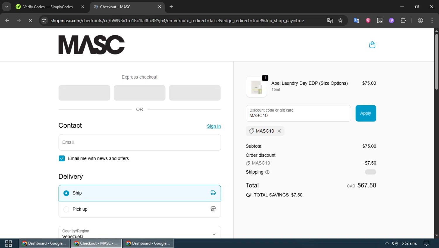 MASC promo code screenshot showing code MASC10 applied at MASC checkout page. Uploaded by SimplyCodes community member MoneyPioneer4925 on Oct 10, 2025