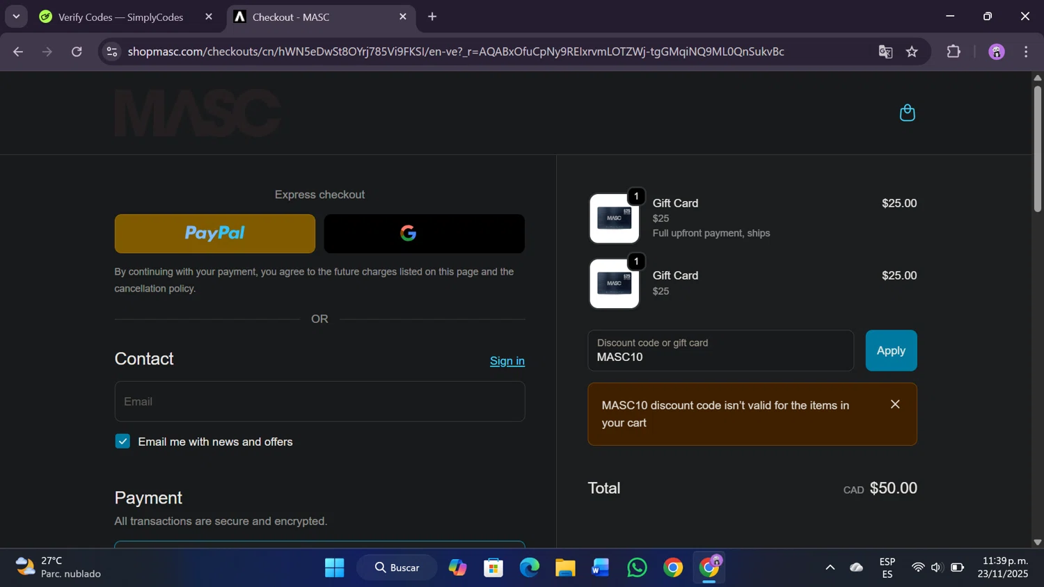 MASC promo code screenshot showing code MASC10 applied at MASC checkout page. Uploaded by SimplyCodes community member SavingsMaven1223 on Nov 24, 2025