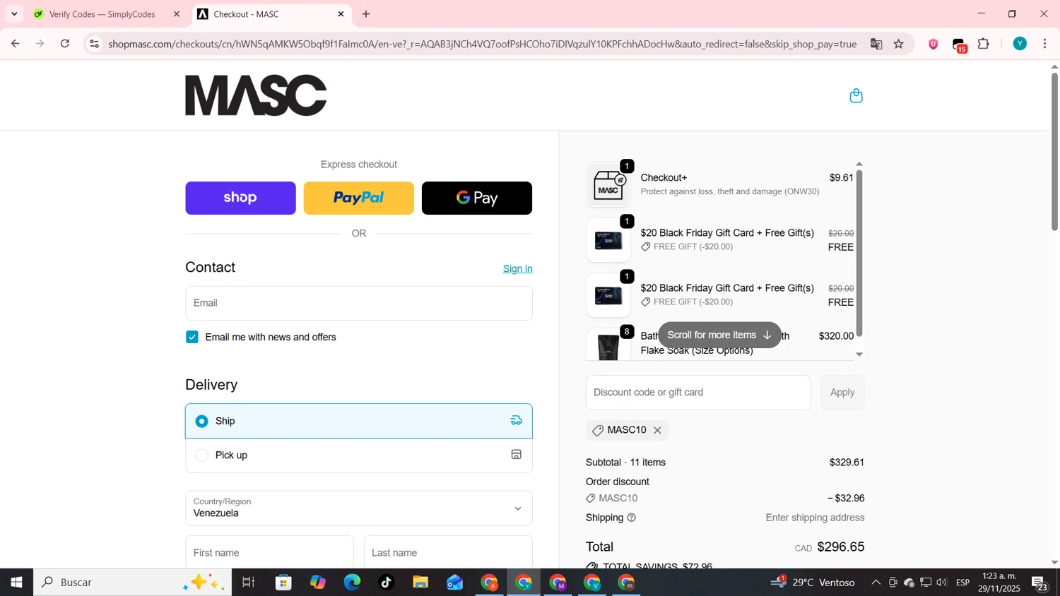 MASC promo code screenshot showing code MASC10 applied at MASC checkout page. Uploaded by SimplyCodes community member codygakpo on Nov 29, 2025