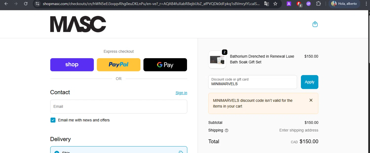 MASC promo code screenshot showing code MINIMARVELS applied at MASC checkout page. Uploaded by SimplyCodes community member BrilliantFox7966 on Nov 24, 2025