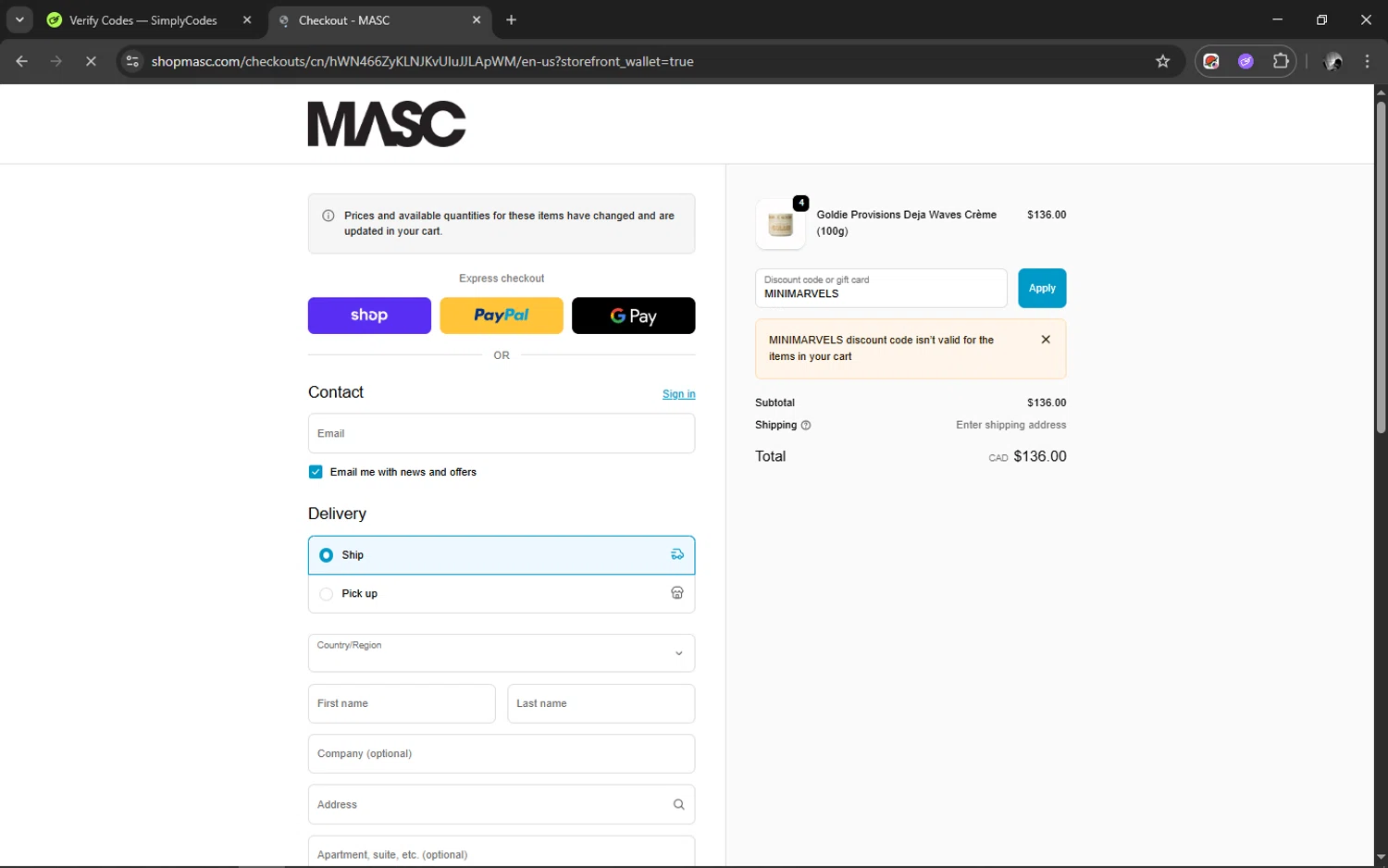 MASC promo code screenshot showing code MINIMARVELS applied at MASC checkout page. Uploaded by SimplyCodes community member ELMARRON on Oct 14, 2025