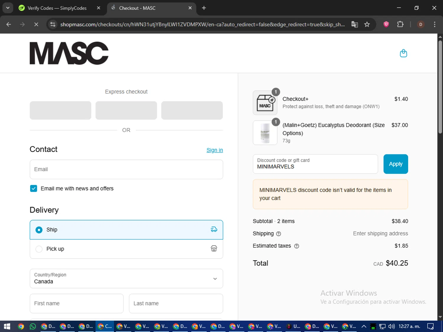 MASC promo code screenshot showing code MINIMARVELS applied at MASC checkout page. Uploaded by SimplyCodes community member liltecca on Sep 16, 2025