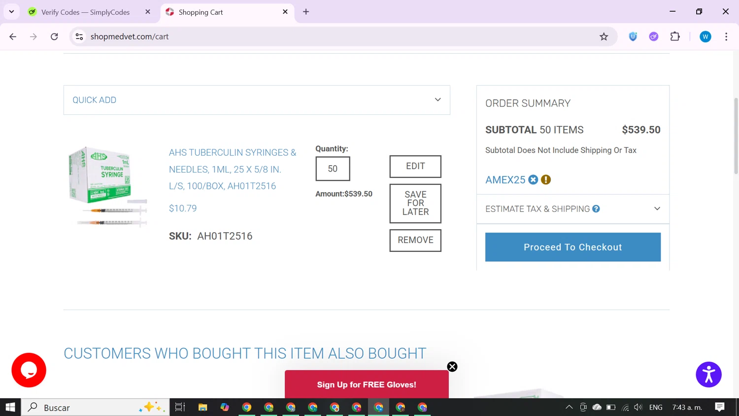 Shop Medvet promo code screenshot showing code AMEX25 applied at Shop Medvet checkout page. Uploaded by SimplyCodes community member CrownShopper7142 on Oct 19, 2025