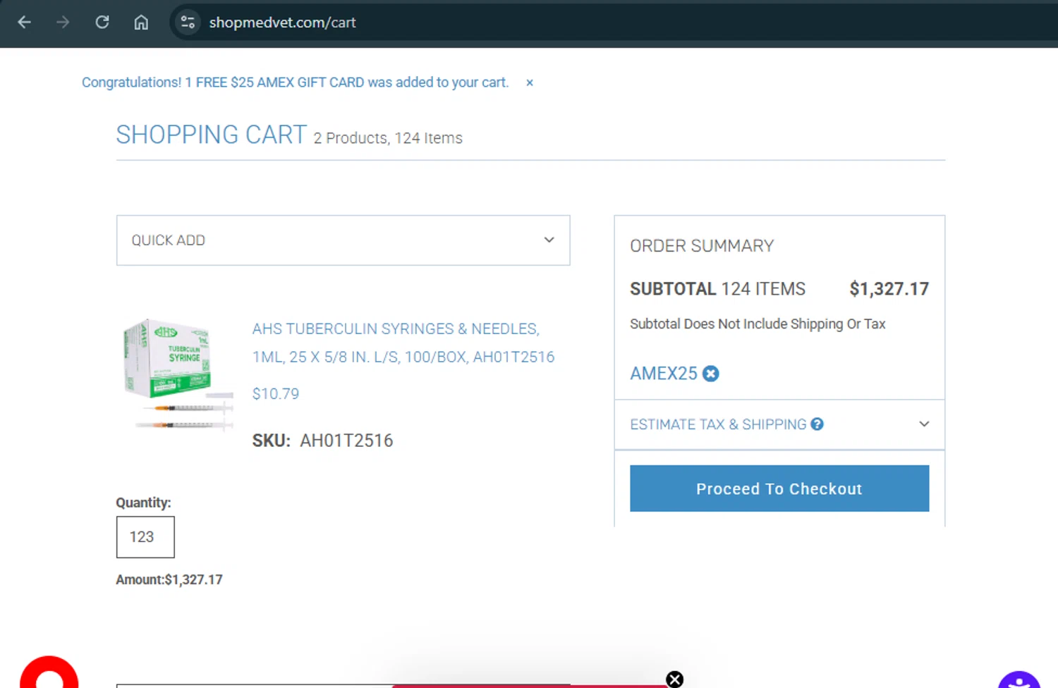 Shop Medvet promo code screenshot showing code AMEX25 applied at Shop Medvet checkout page. Uploaded by SimplyCodes community member xAngel on Oct 19, 2025