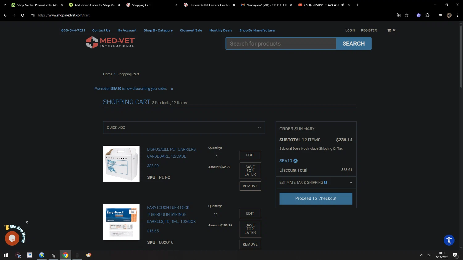 Shop Medvet promo code screenshot showing code SEA10 applied at Shop Medvet checkout page. Uploaded by SimplyCodes community member MarcosAranguren on Oct 2, 2025