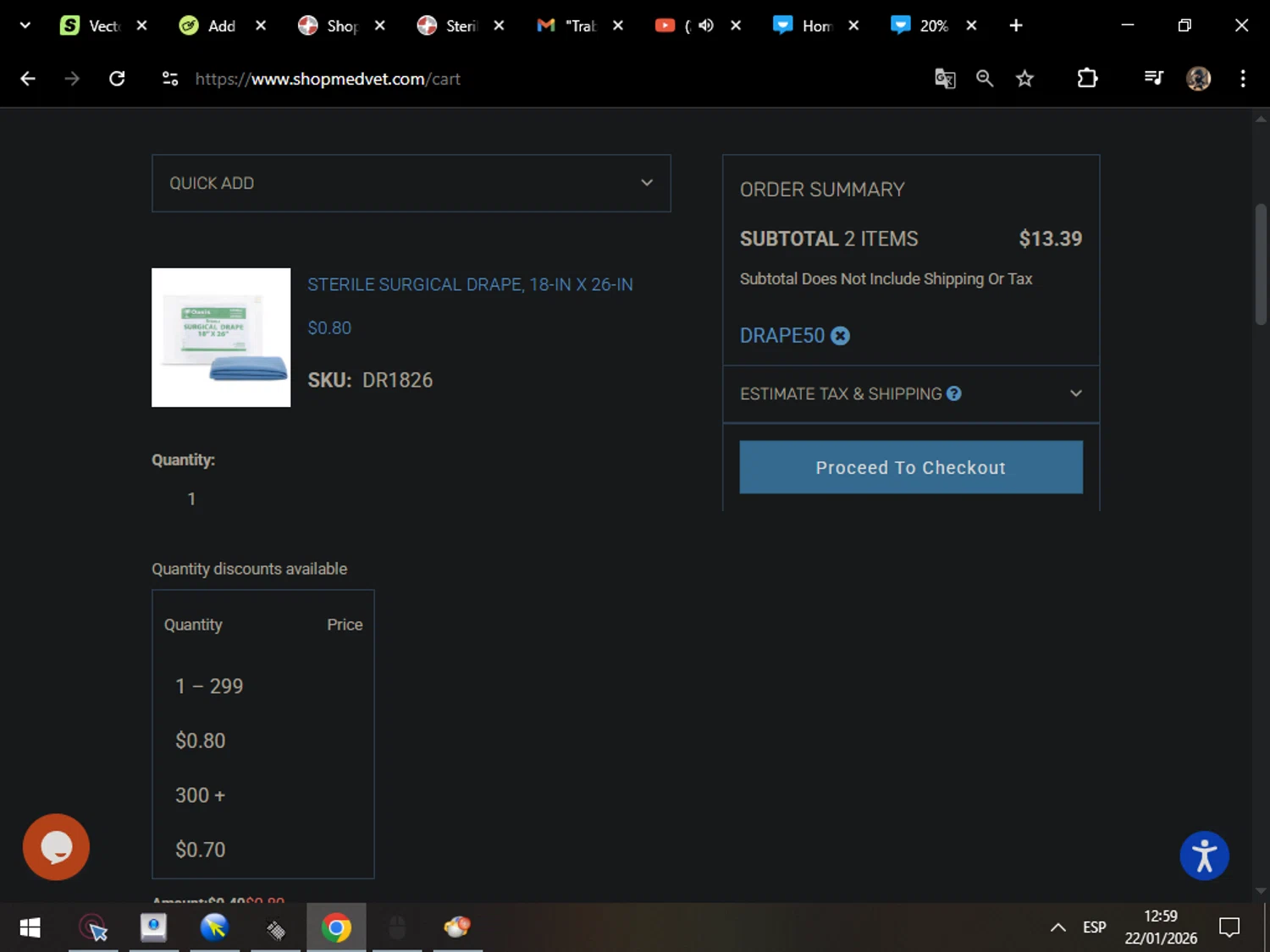 Shop Medvet promo code screenshot showing code DRAPE50 applied at Shop Medvet checkout page. Uploaded by SimplyCodes community member MarcosAranguren on Jan 22, 2026