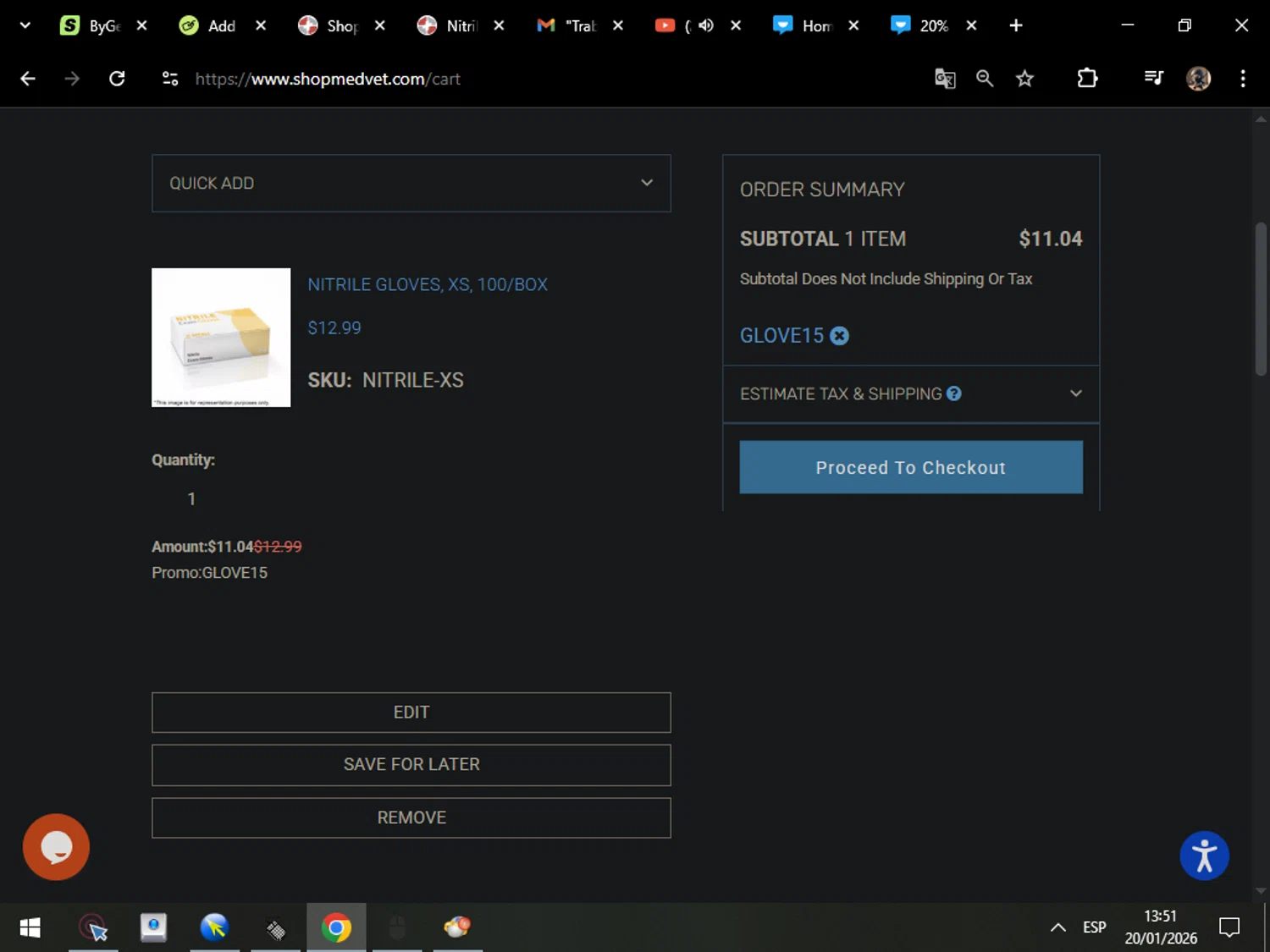 Shop Medvet promo code screenshot showing code GLOVE15 applied at Shop Medvet checkout page. Uploaded by SimplyCodes community member MarcosAranguren on Jan 20, 2026