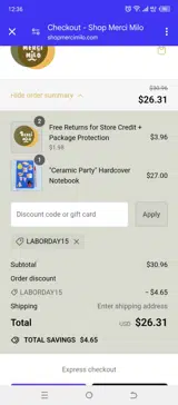 LABORDAY15 coupon verification screenshot