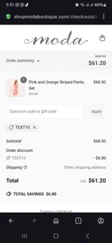Moda Boutique coupon verification screenshot