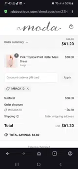 Moda Boutique coupon verification screenshot