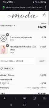 Moda Boutique coupon verification screenshot
